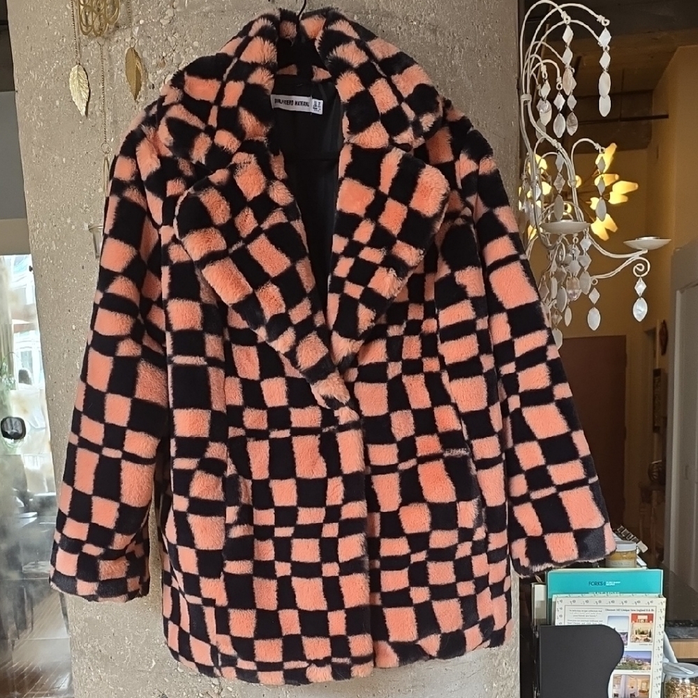 ASOS Girlfriend Material Peach & Black Checked Faux Fur Jacket